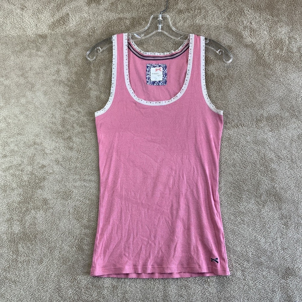 Y2K VTG Pink Ribbed Tommy Hilfiger Lace Trim Tank Top L Cotton Preppy Shirt Long